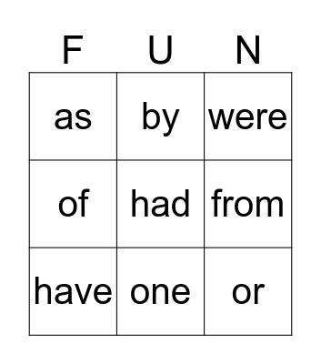 Sight Words Bingo Card
