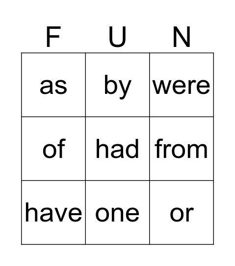 Sight Words Bingo Card