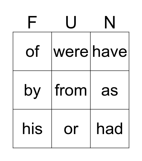 Sight Words Bingo Card
