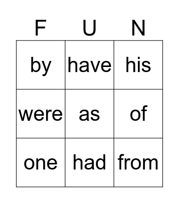 Sight Words Bingo Card