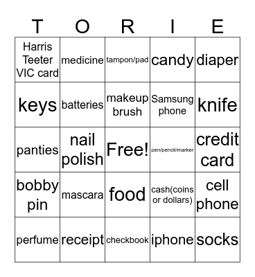 Torie's Bridal Shower Purse Raid Bingo Card