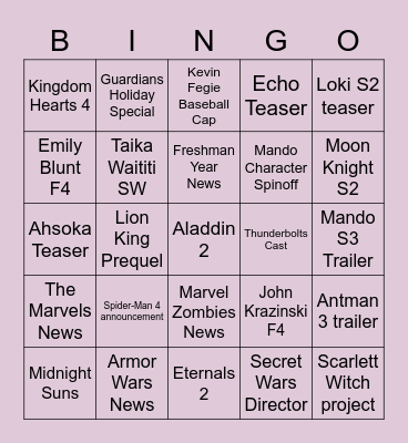 D23 Predictions Bingo Card