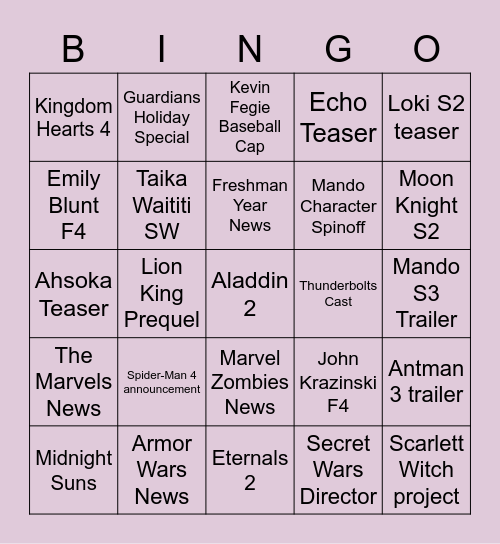 D23 Predictions Bingo Card