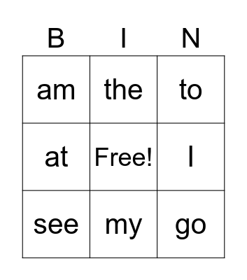 Sight Words Bingo Card