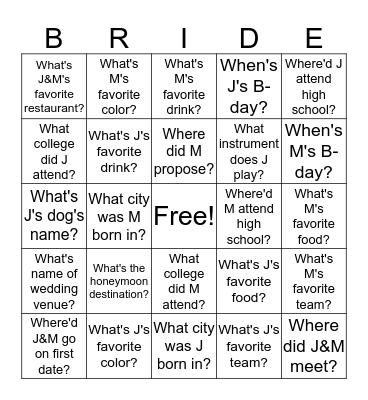 Jacque's Bridal Bingo Card