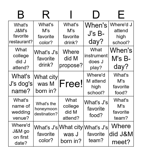Jacque's Bridal Bingo Card