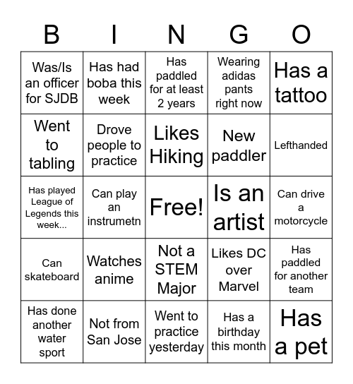 SJDB Bingo Card