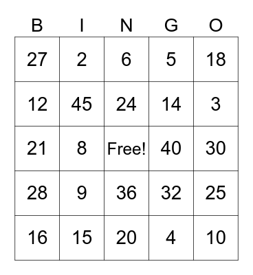 multiplication Bingo Card