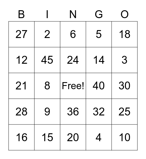 multiplication Bingo Card