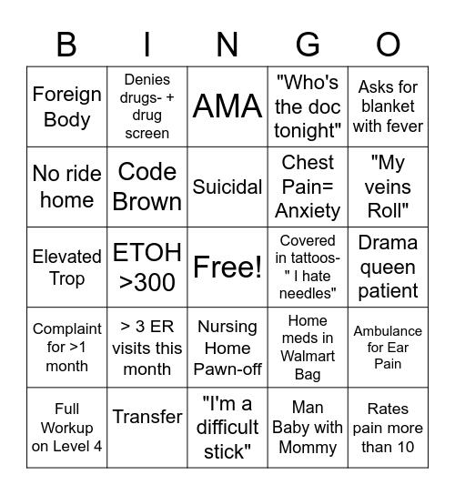 ER Bingo Card