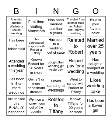 Wedding  BINGO.... find someone who.. Bingo Card