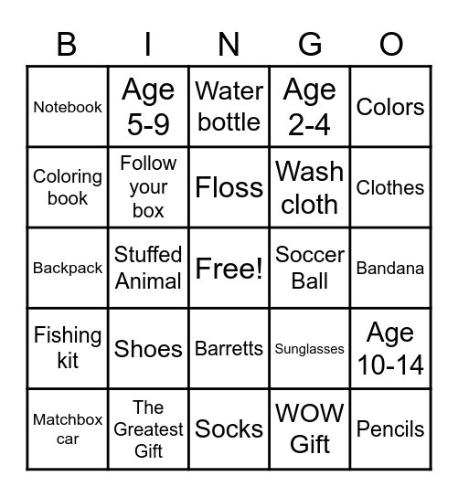 Pack a Shoebox Bingo Card