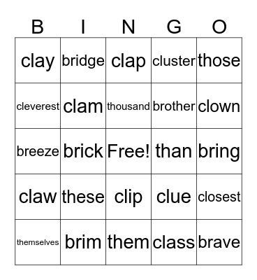 Initial sounds: 'br','cl' and 'th' Bingo Card
