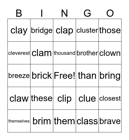 Initial sounds: 'br','cl' and 'th' Bingo Card