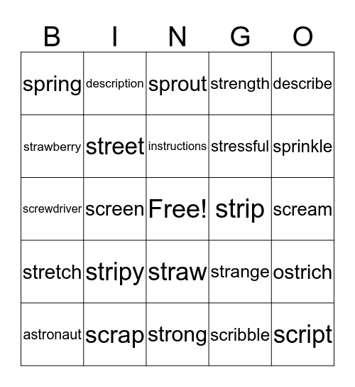Triple 'r' blends: 'scr', 'spr' and 'str' Bingo Card