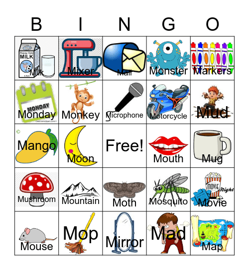 Letter "M" Bingo Card