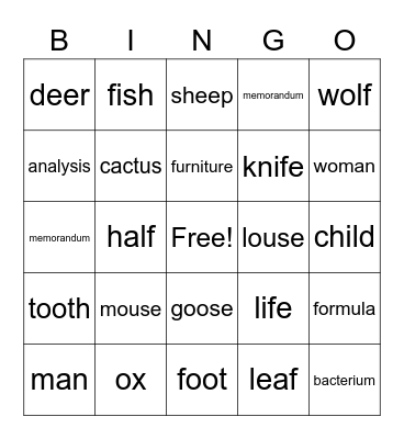 Irregular Nouns Bingo Card