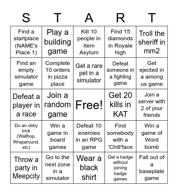 Roblox challenge Bingo Card