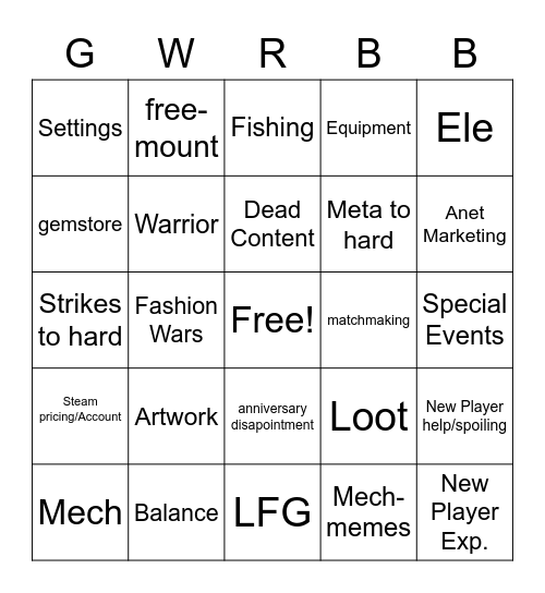 GW2 Reddit Bullshit Bingo Card