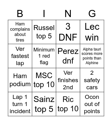 VB Dutch GP Race Bingo Card