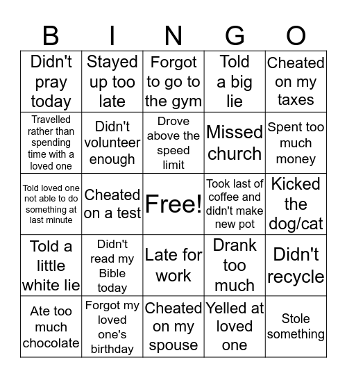 Bingo card of Guilt Bingo Card