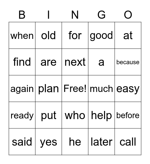 High frequency words Bingo Card