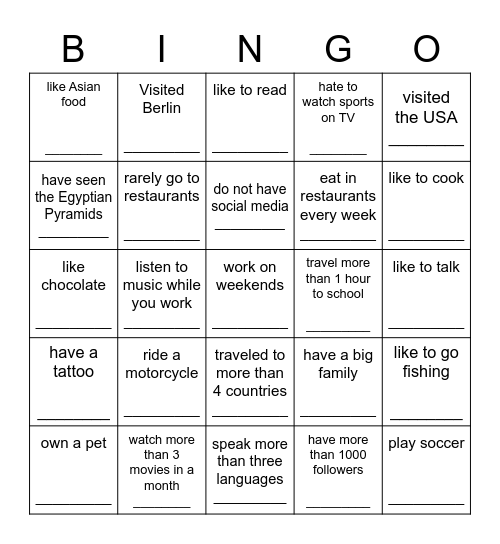 Ask your classmates questions.  If they answer, "yes," write their names Bingo Card