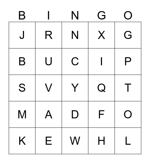 Capital Letter Bingo Card