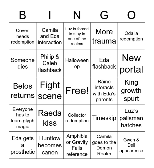 TOH s3 predictions Bingo Card