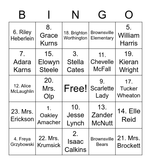Mrs. Olp's Homeroom Bingo Card
