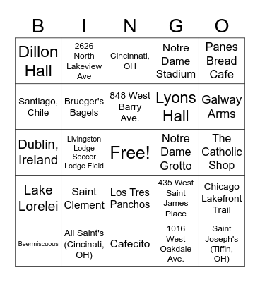 Grace and Michael's Favorite Places Bingo Card