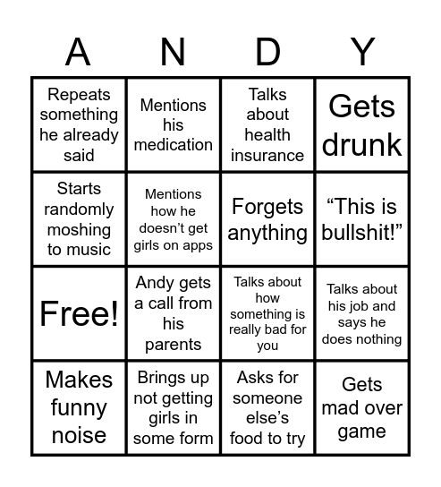Andy card Bingo Card