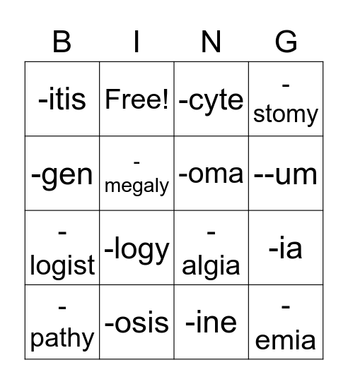 Ch. 1 The Body and the Basics Suffixes Bingo Card