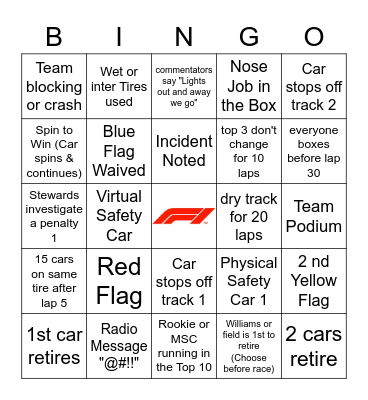 Dutch GP Bingo Card