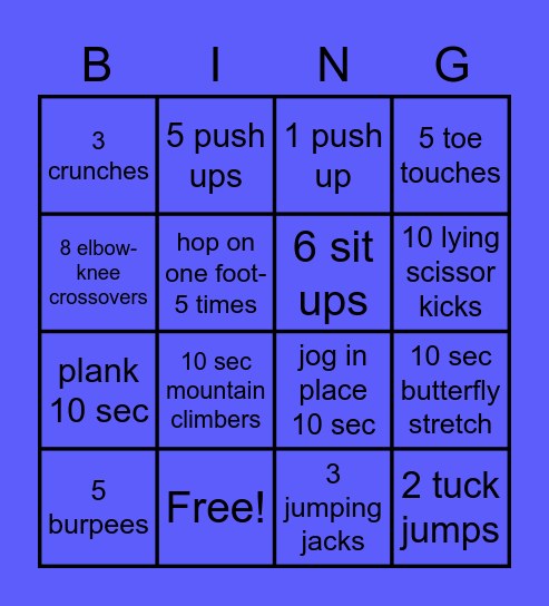 Fitness Bingo Card