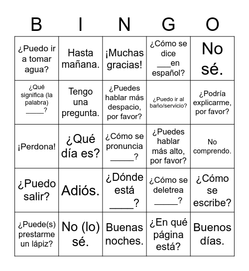 - Frases útiles en la clase de español - Bingo Card