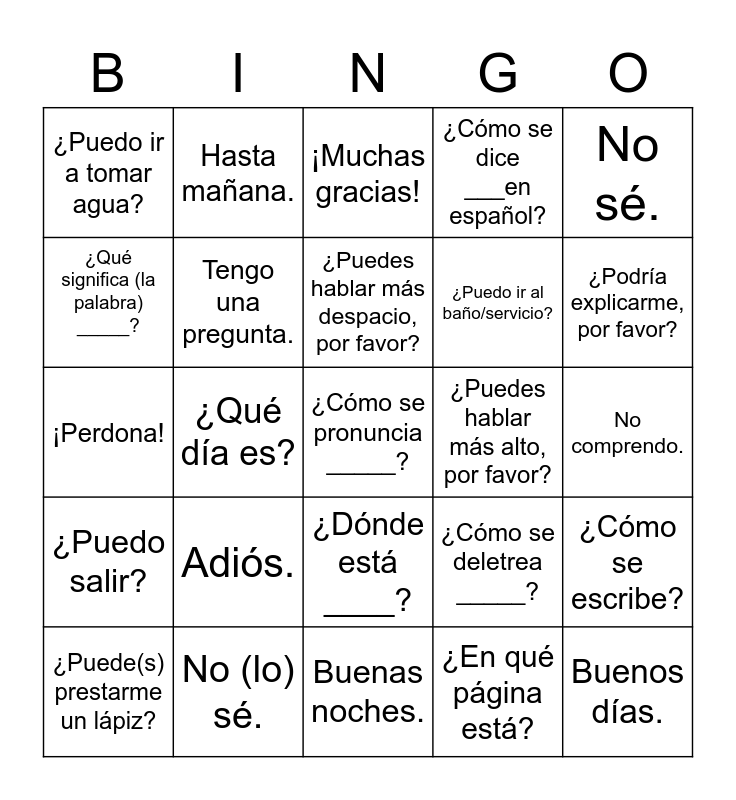 Expresiones Útiles en la clase de español Bingo Card