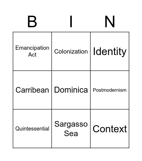 Wide Sargasso Sea Bingo Card