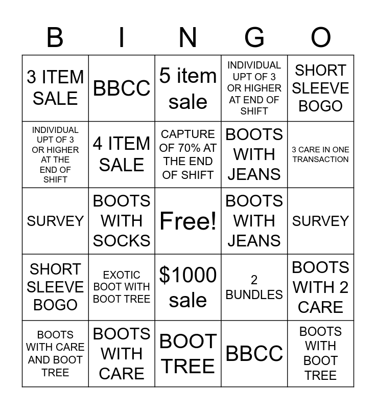 Boot Barn bingo Card