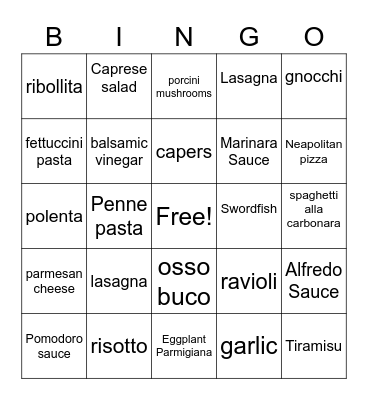 Italian Foods Bingo Card