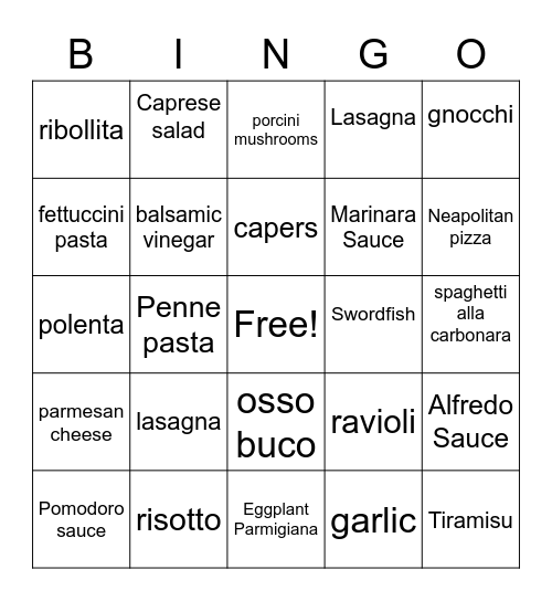 Italian Foods Bingo Card