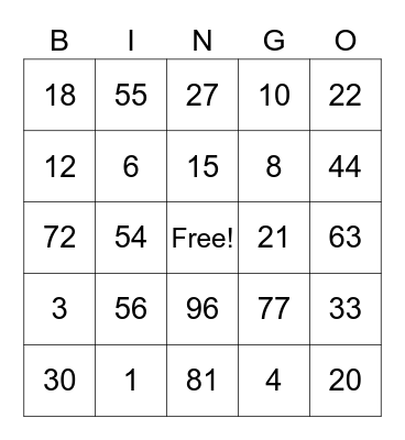 Math Facts Bingo! Bingo Card