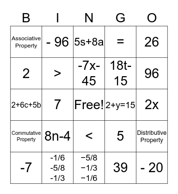 The Language of Algebra Bingo Card