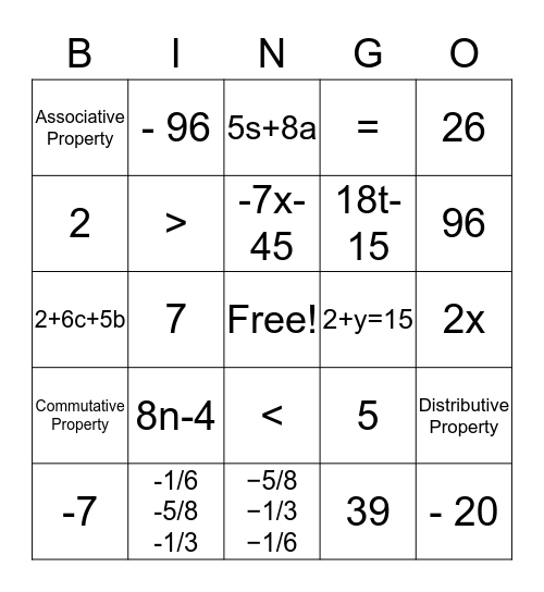 The Language of Algebra Bingo Card