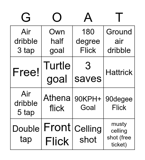 Rocket League Bingo Card