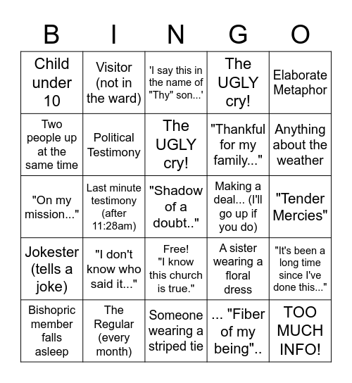 Testimony Meeting Bingo Card