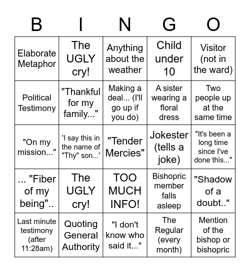 Testimony Meeting Bingo Card