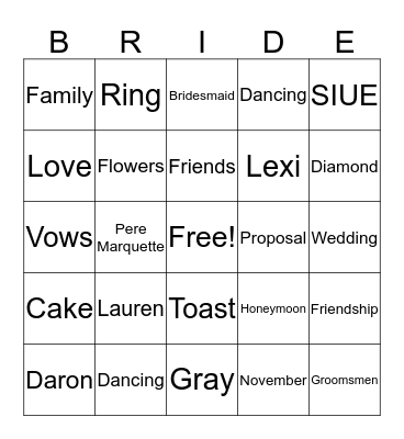 Lauren's Bridal Bingo Card