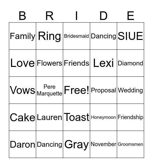 Lauren's Bridal Bingo Card