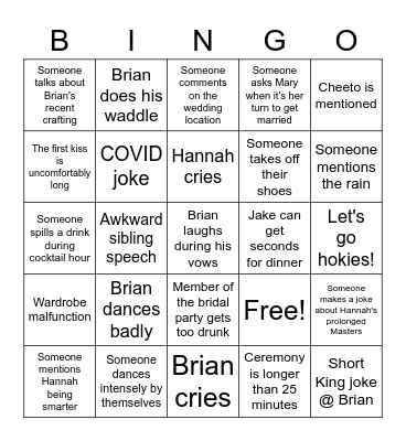 Hannah + Brian Bingo Card